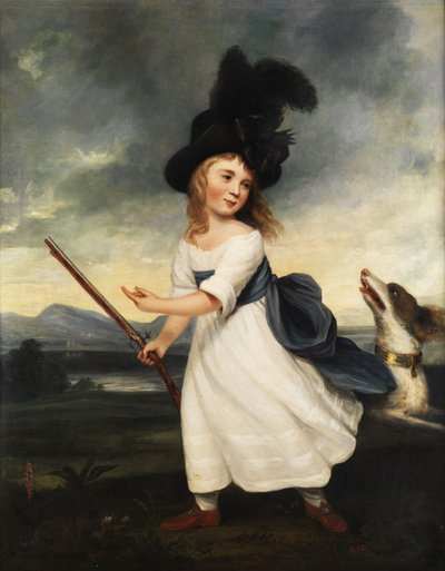 Portrait of a Girl in a White Dress, with Black Hat, Gun, and Hunting Dog by Unbekannt Unbekannt